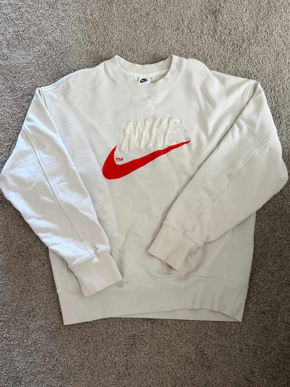 Nike Men’s Cream Crewneck Sweatshirt with Orange Swoosh